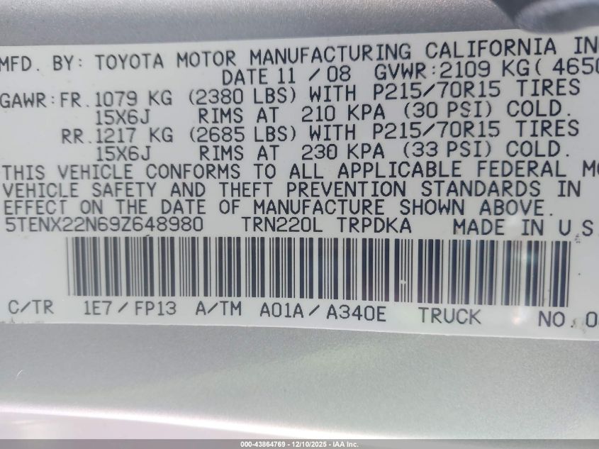 2009 Toyota Tacoma VIN: 5TENX22N69Z648980 Lot: 43864769