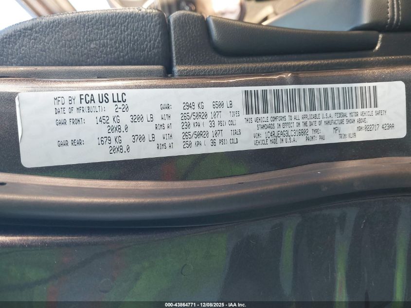 2020 Jeep Grand Cherokee Altitude 4X2 VIN: 1C4RJEAG3LC316802 Lot: 43864771