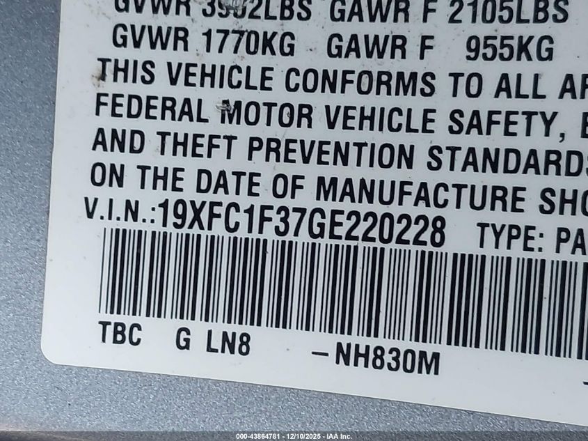 2016 Honda Civic Ex-T VIN: 19XFC1F37GE220228 Lot: 43864781