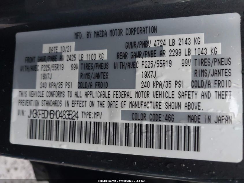 2021 Mazda Cx-5 VIN: JM3KFBDM6MD483524 Lot: 43864791