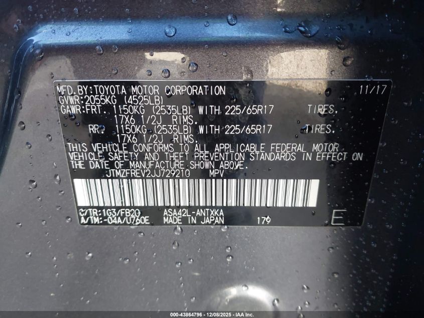 2018 Toyota Rav4 Le VIN: JTMZFREV2JJ729210 Lot: 43864796