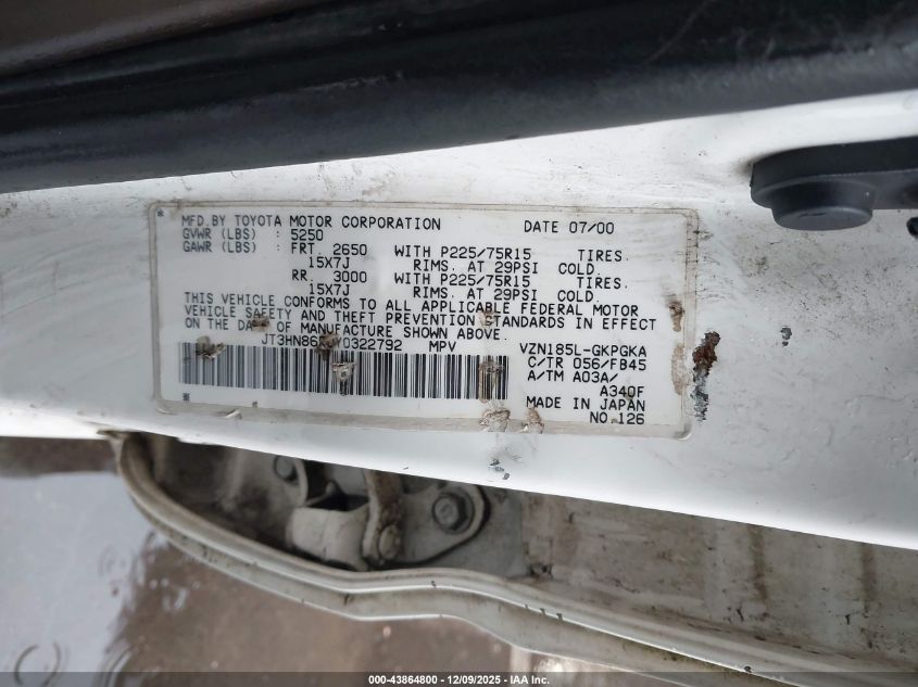 2000 Toyota 4Runner Sr5 V6 VIN: JT3HN86R0Y0322792 Lot: 43864800