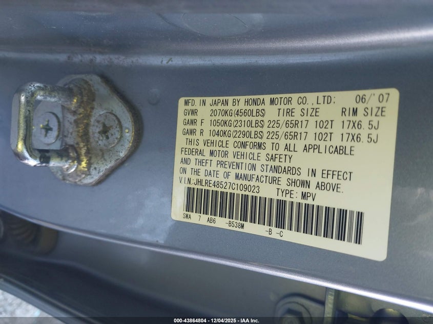 JHLRE48527C109023 2007 HONDA CR-V photo no. 9