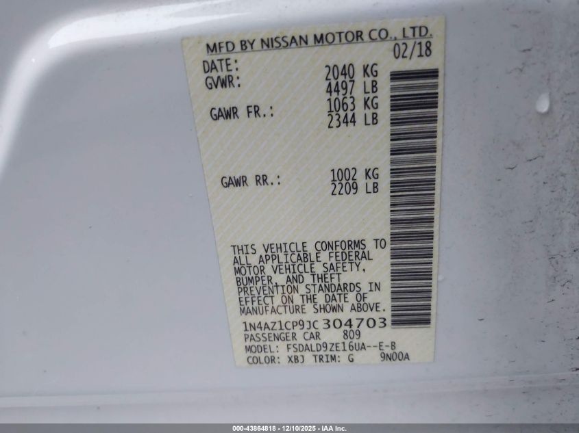 2018 Nissan Leaf Sv VIN: 1N4AZ1CP9JC304703 Lot: 43864818