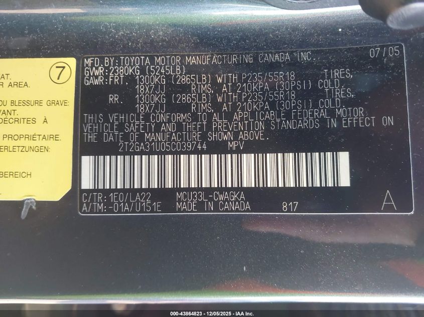 2005 Lexus Rx 330 VIN: 2T2GA31U05C039744 Lot: 43864823