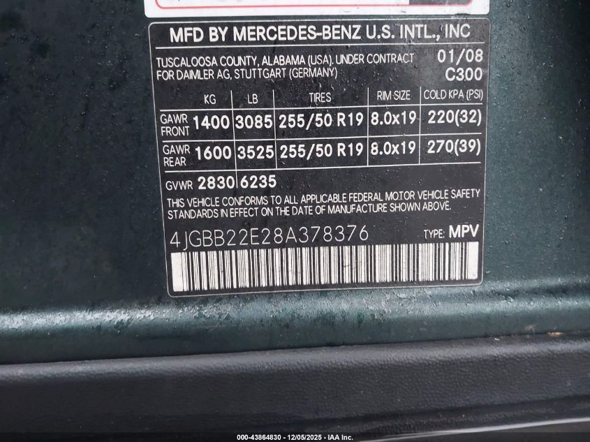2008 Mercedes-Benz Ml 320 Cdi 4Matic VIN: 4JGBB22E28A378376 Lot: 43864830