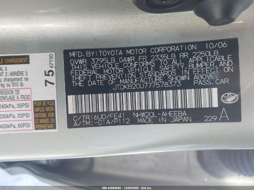 2007 Toyota Prius VIN: JTDKB20U777578373 Lot: 43864840