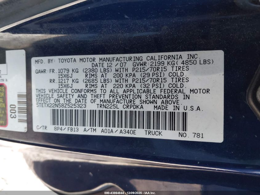 2008 Toyota Tacoma VIN: 5TETX22N58Z525323 Lot: 43864844