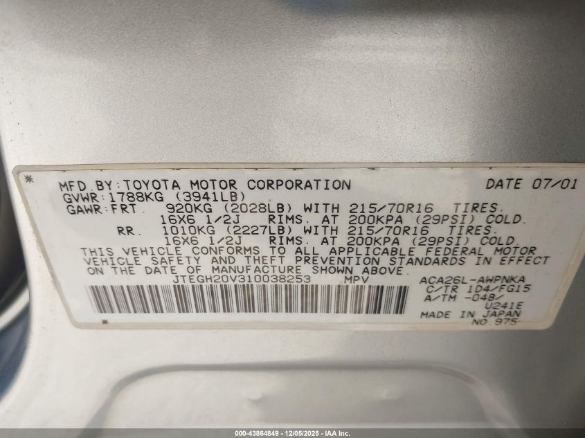 2001 Toyota Rav4 VIN: JTEGH20V310038253 Lot: 43864849