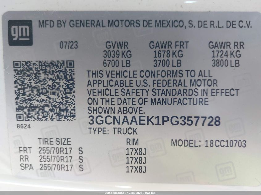 2023 Chevrolet Silverado 1500 2Wd Standard Bed Wt VIN: 3GCNAAEK1PG357728 Lot: 43864851