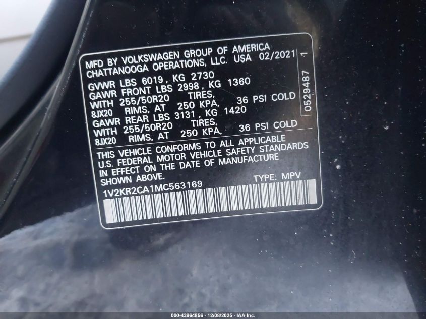 2021 Volkswagen Atlas 3.6L V6 Se W/Technology VIN: 1V2KR2CA1MC563169 Lot: 43864856