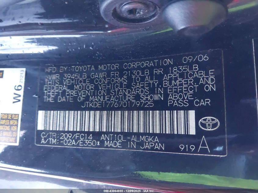 2007 Scion Tc VIN: JTKDE177670179725 Lot: 43864855