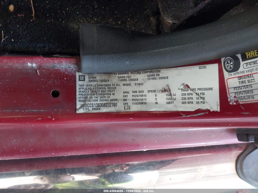 1GCCS138358232700 2005 CHEVROLET COLORADO photo no. 9