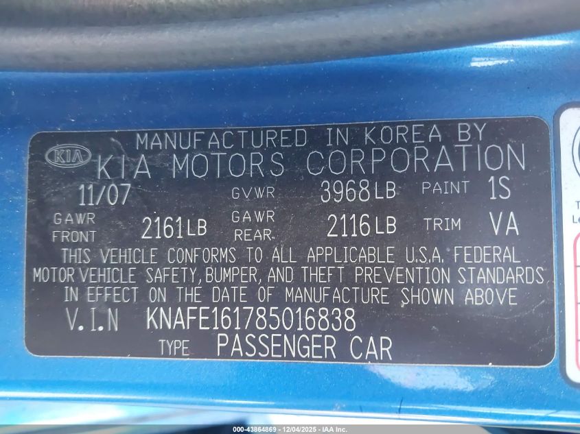 2008 Kia Spectra5 Sx VIN: KNAFE161785016838 Lot: 43864869