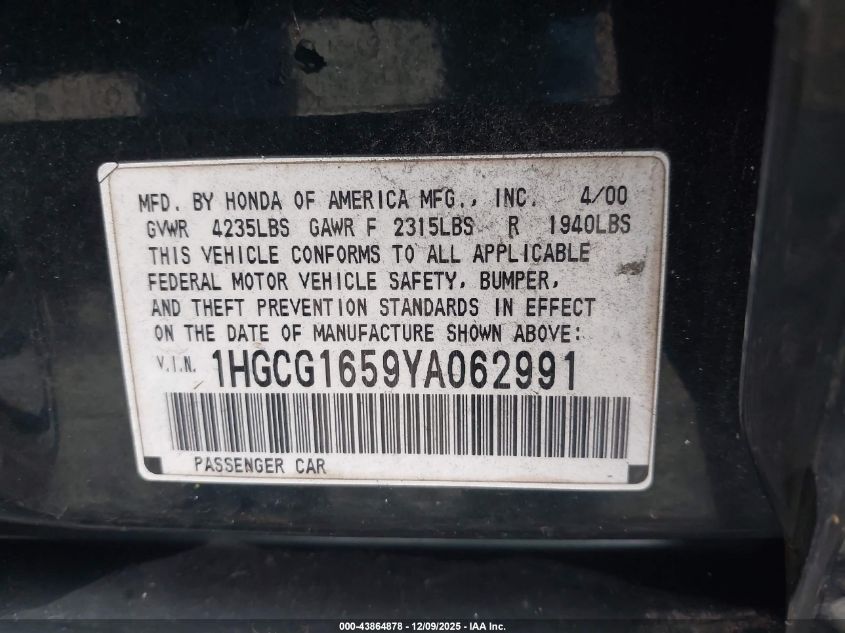 2000 Honda Accord 3.0 Ex VIN: 1HGCG1659YA062991 Lot: 43864878
