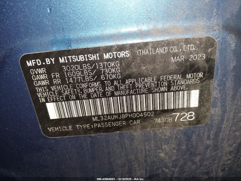 2023 Mitsubishi Mirage Es/Le VIN: ML32AUHJ8PH004502 Lot: 43864883
