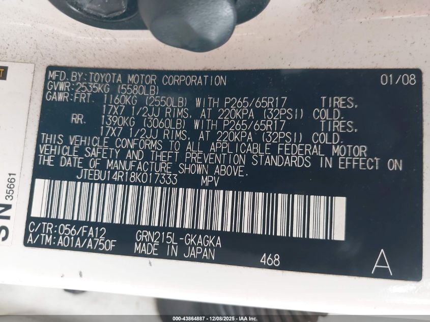 2008 Toyota 4Runner Sr5 V6 VIN: JTEBU14R18K017333 Lot: 43864887