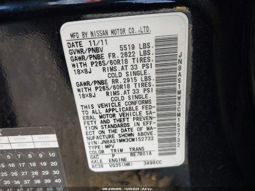 2012 Infiniti Fx35 VIN: JN8AS1MW3CM152732 Lot: 43864890