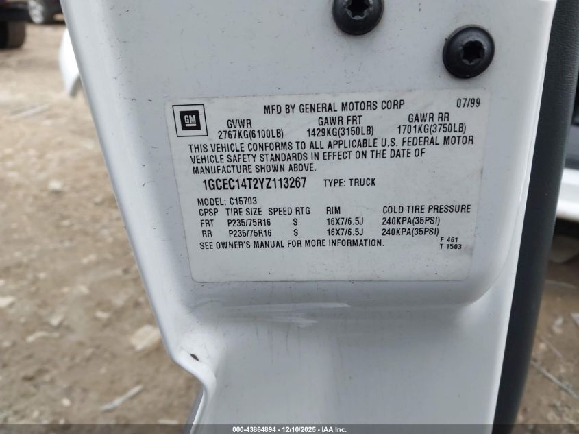 2000 Chevrolet Silverado 1500 Ls VIN: 1GCEC14T2YZ113267 Lot: 43864894