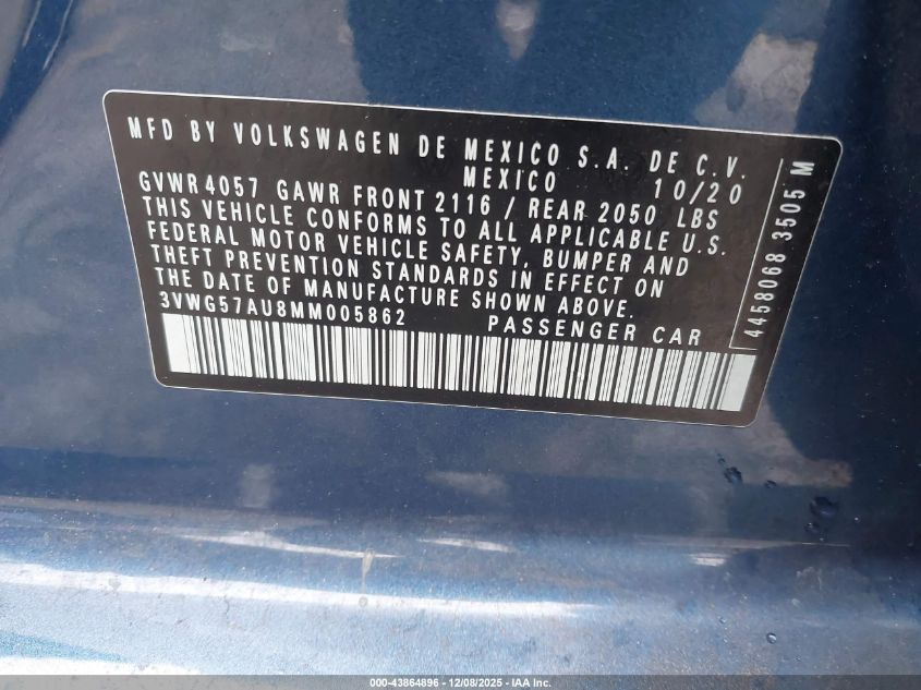 2021 Volkswagen Golf 1.4T Tsi VIN: 3VWG57AU8MM005862 Lot: 43864896