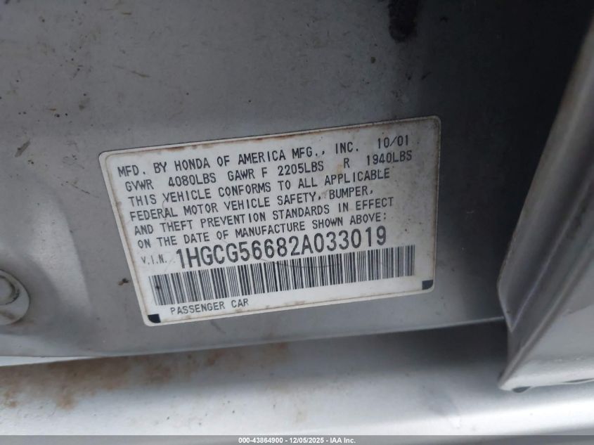 2002 Honda Accord 2.3 Ex VIN: 1HGCG56682A033019 Lot: 43864900