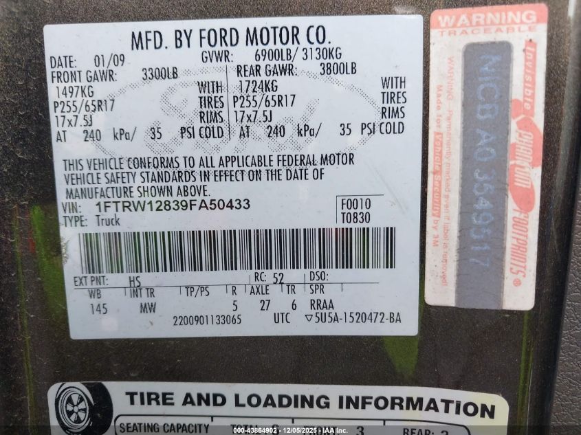 2009 Ford F-150 Xlt VIN: 1FTRW12839FA50433 Lot: 43864902