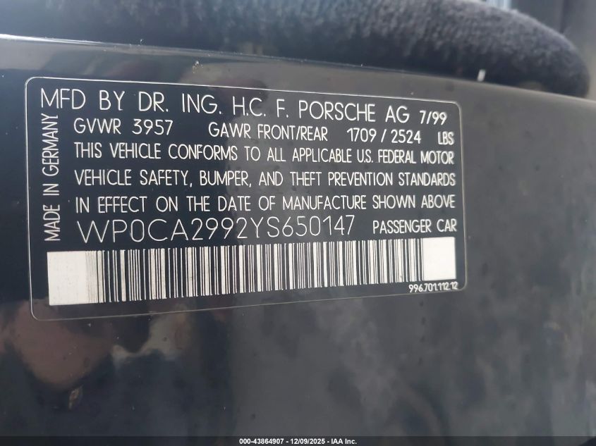 2000 Porsche 911 Carrera/Carrera 4 VIN: WP0CA2992YS650147 Lot: 43864907