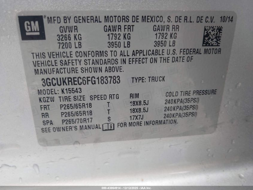 2015 Chevrolet Silverado 1500 1Lt VIN: 3GCUKREC6FG183783 Lot: 43864914