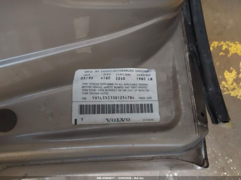 1995 Volvo 850 Glt VIN: YV1LS5533S1254784 Lot: 43864917