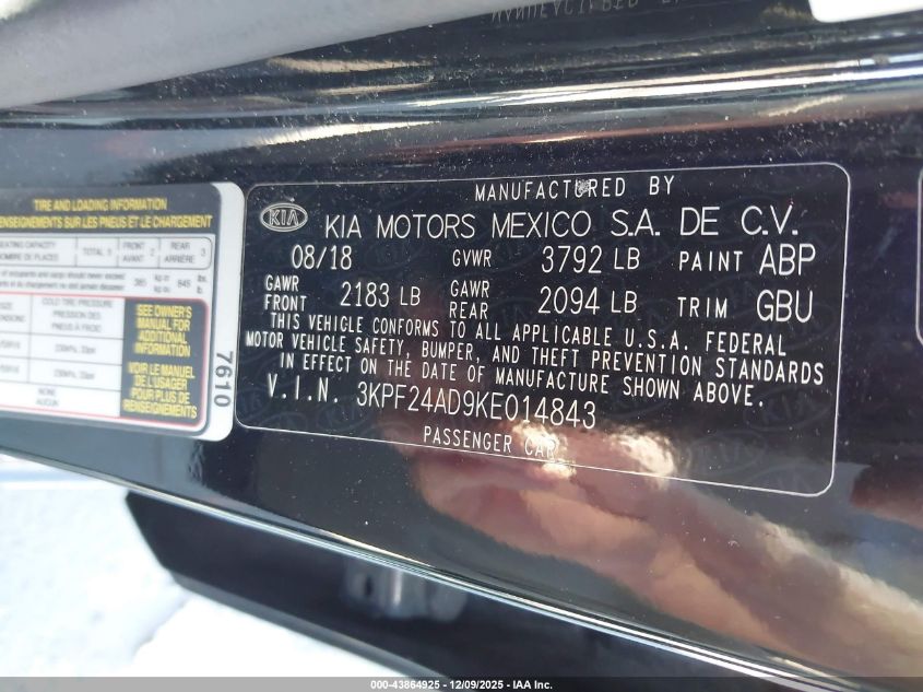 2019 Kia Forte Lxs VIN: 3KPF24AD9KE014843 Lot: 43864925
