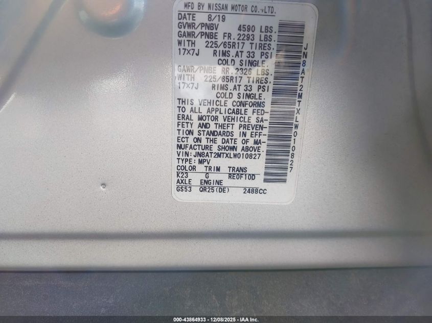 2020 Nissan Rogue Sv Fwd VIN: JN8AT2MTXLW010827 Lot: 43864933