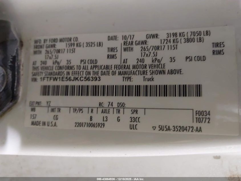 2018 Ford F-150 Xl VIN: 1FTFW1E56JKC56393 Lot: 43864936