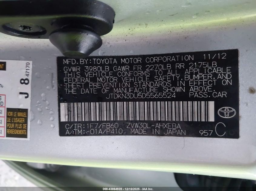 2013 Toyota Prius Two VIN: JTDKN3DU5D5565524 Lot: 43864939