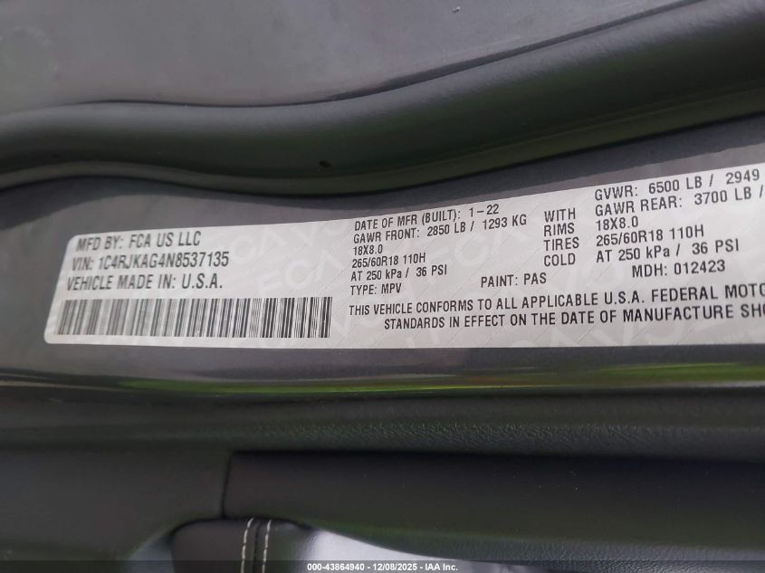 2022 Jeep Grand Cherokee L Laredo 4X4 VIN: 1C4RJKAG4N8537135 Lot: 43864940