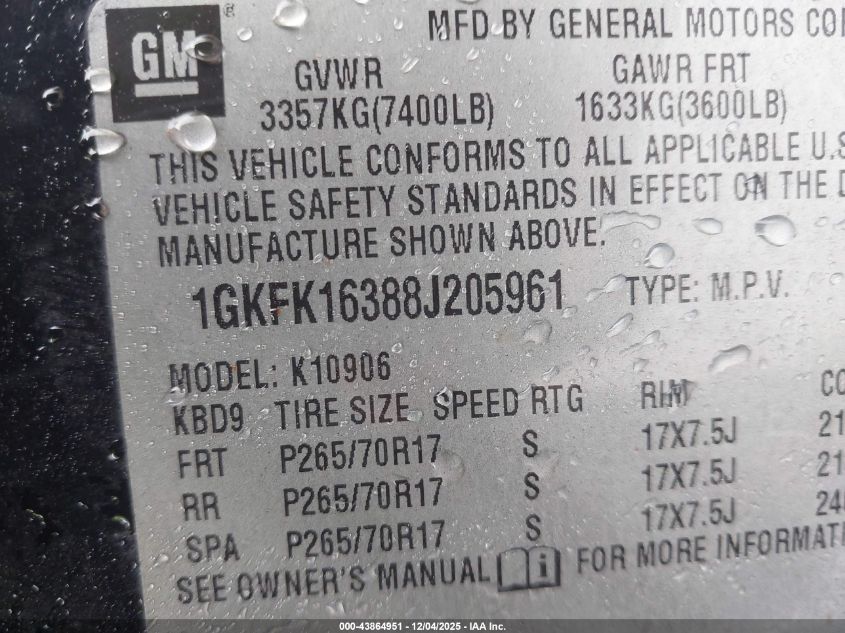 2008 GMC Yukon Xl 1500 Slt VIN: 1GKFK16388J205961 Lot: 43864951