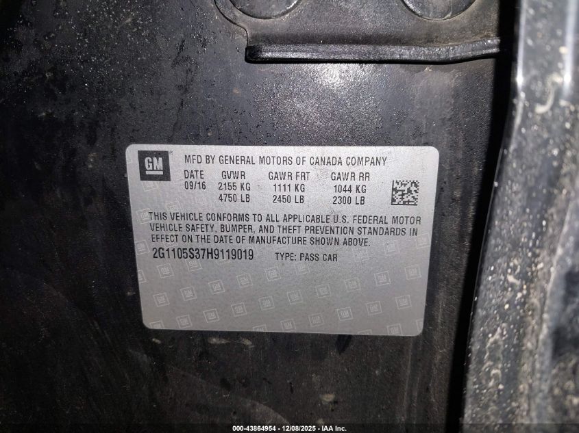 2017 Chevrolet Impala 1Lt VIN: 2G1105S37H9119019 Lot: 43864954