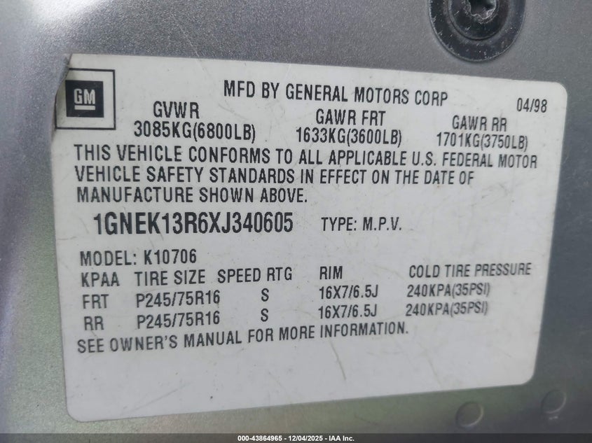 1GNEK13R6XJ340605 1999 CHEVROLET TAHOE photo no. 9