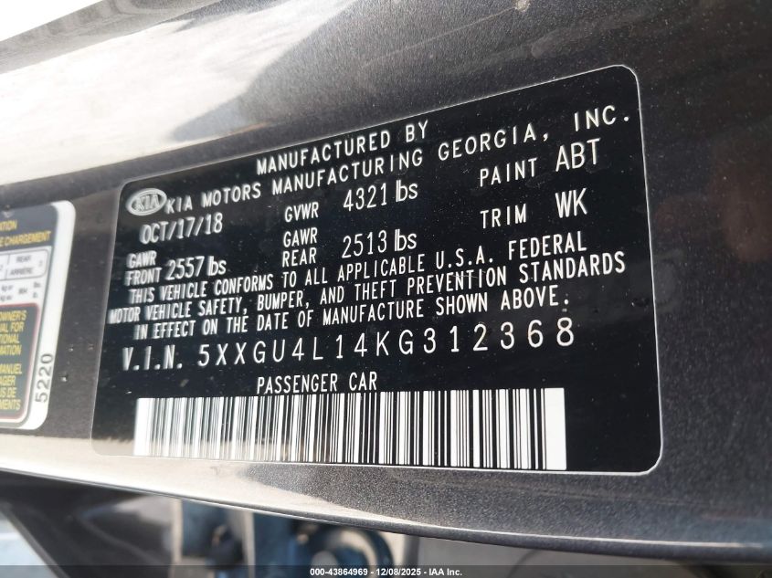 2019 Kia Optima Ex VIN: 5XXGU4L14KG312368 Lot: 43864969