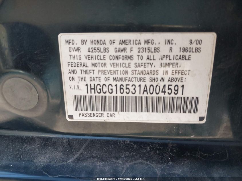 2001 Honda Accord 3.0 Ex VIN: 1HGCG16531A004591 Lot: 43864970