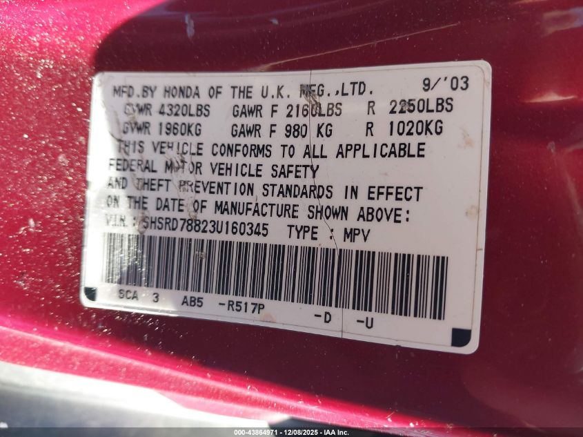 2003 Honda Cr-V Ex VIN: SHSRD78823U160345 Lot: 43864971