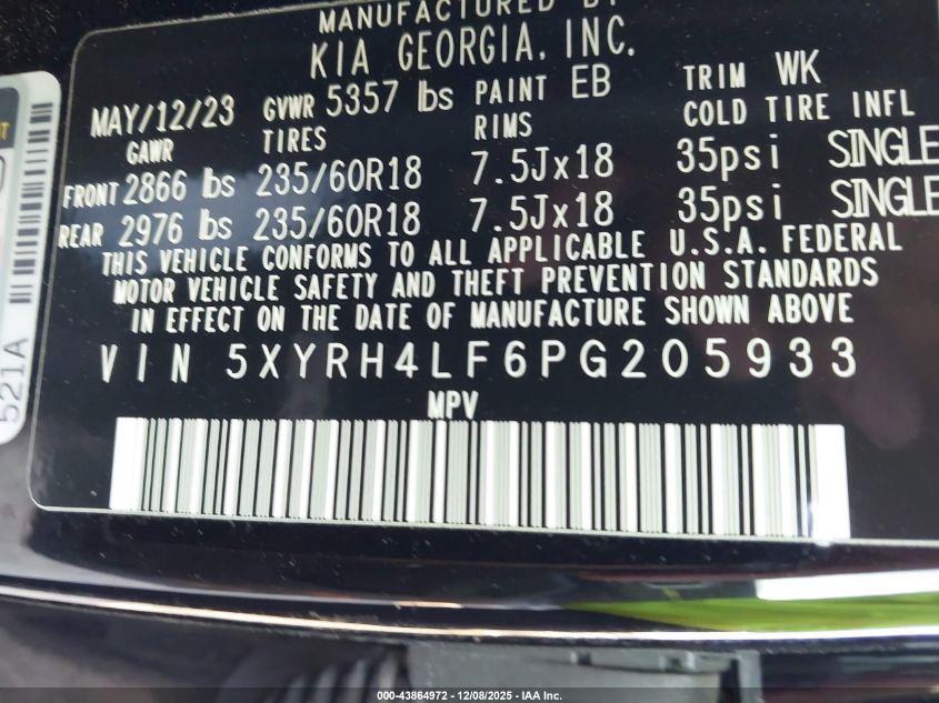 2023 Kia Sorento Ex VIN: 5XYRH4LF6PG205933 Lot: 43864972