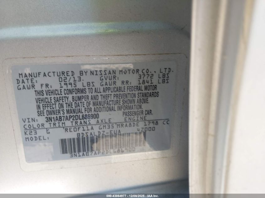 2013 Nissan Sentra Sv VIN: 3N1AB7AP2DL686900 Lot: 43864977