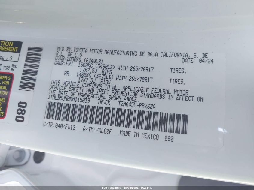 2024 Toyota Tacoma Trd Off Road VIN: 3TMLB5JN0RM015039 Lot: 43864978