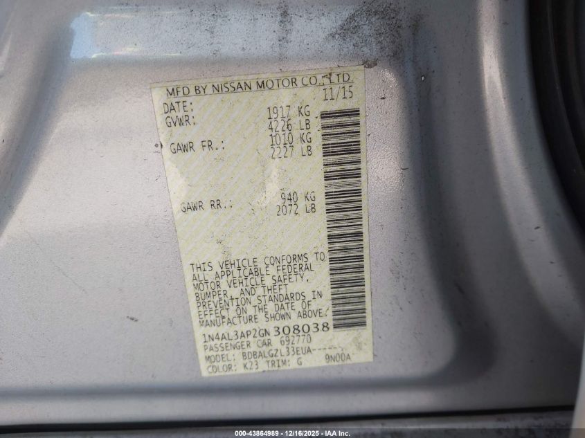 2016 Nissan Altima 2.5/2.5 S/2.5 Sl/2.5 Sr/2.5 Sv VIN: 1N4AL3AP2GN308038 Lot: 43864989