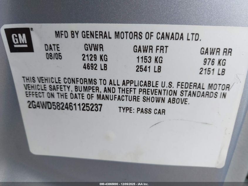 2006 Buick Lacrosse Cxl VIN: 2G4WD582461125237 Lot: 43865000