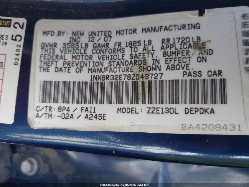 2008 Toyota Corolla Ce VIN: 1NXBR32E78Z043727 Lot: 43865004