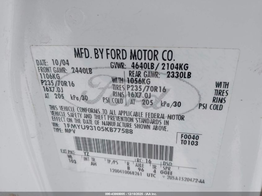 2005 Ford Escape Xlt VIN: 1FMYU93105KB77588 Lot: 43865005