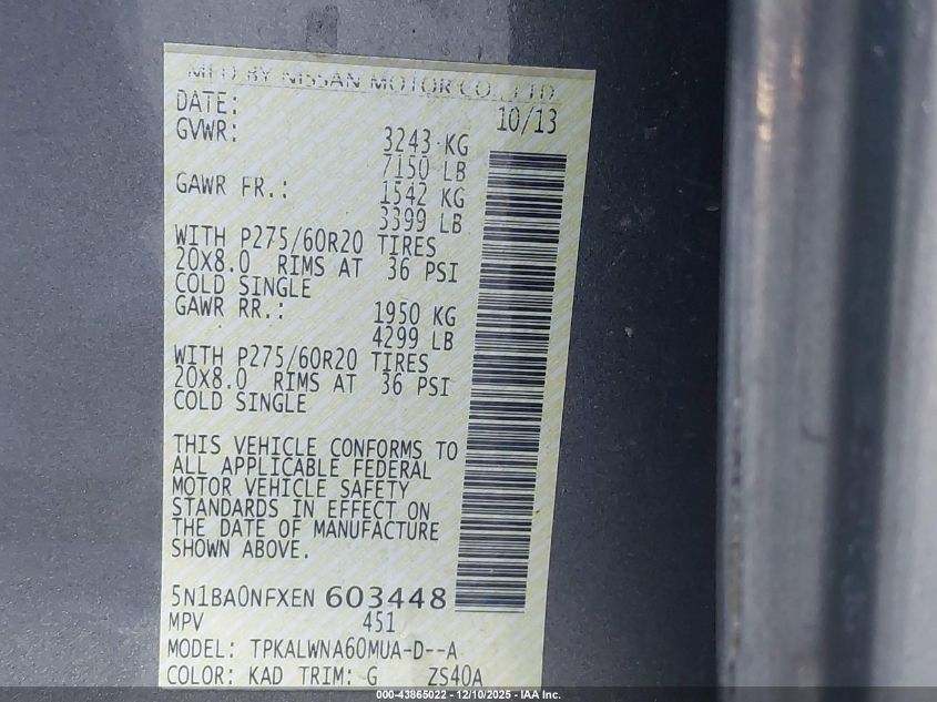 2014 Nissan Armada Platinum VIN: 5N1BA0NFXEN603448 Lot: 43865022