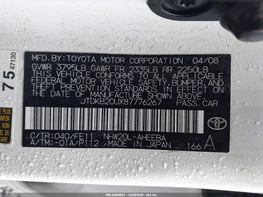 2008 Toyota Prius VIN: JTDKB20UX87776267 Lot: 43865027