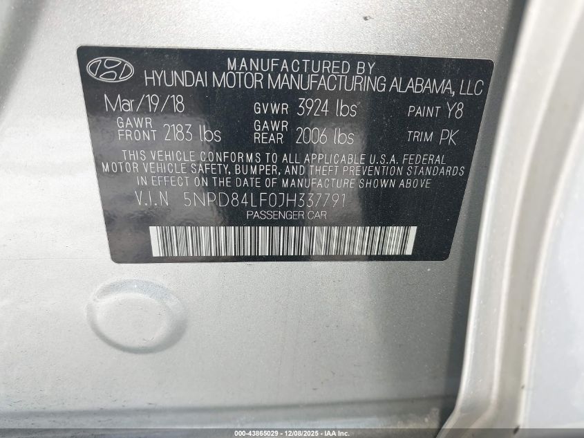 2018 Hyundai Elantra Sel VIN: 5NPD84LF0JH337791 Lot: 43865029